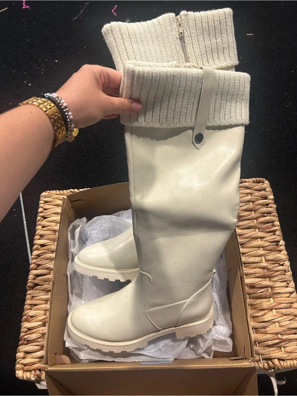 Knit-Cuff Tall Riding Boots in Cream